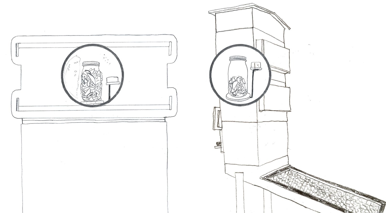 A solar dehydrator and freezer reveal 2 more clock faces, one holds dehydrated and the other frozen peaches