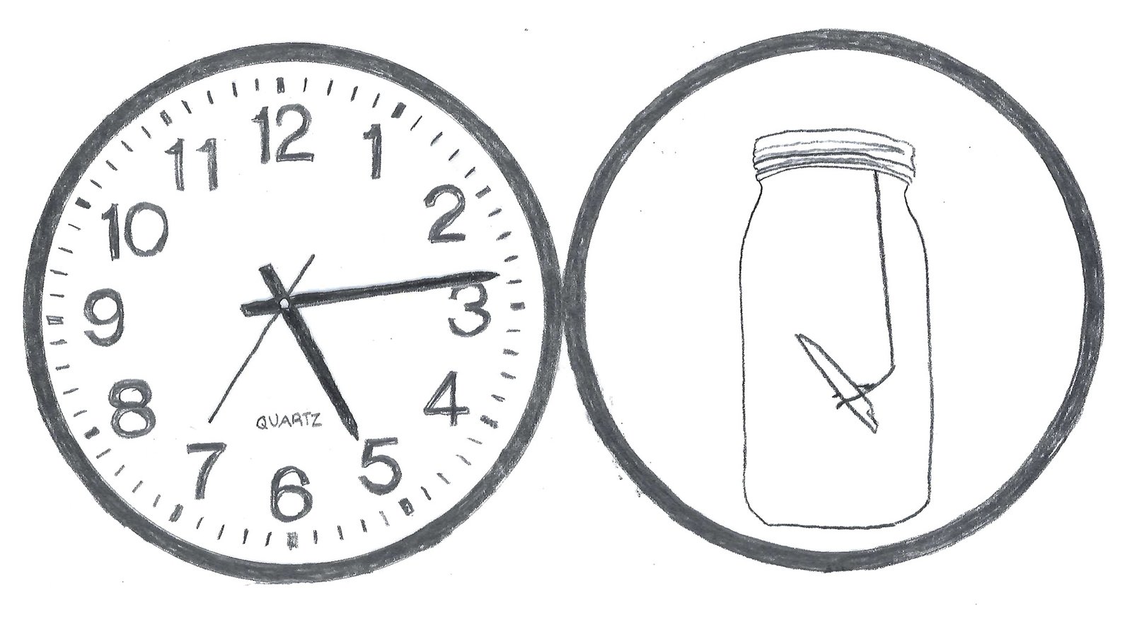The clocks described below, one a fossil in a 2L mason jars mounted on small shelves behind a floating black circle, the other a quartz wall clock